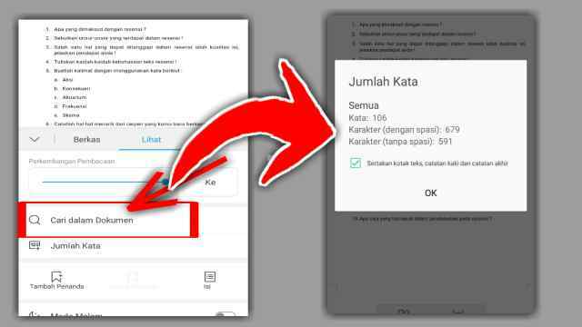 cara menghitung kata, karakter, dan kalimat dokumen lewat hp menggunakan wps office